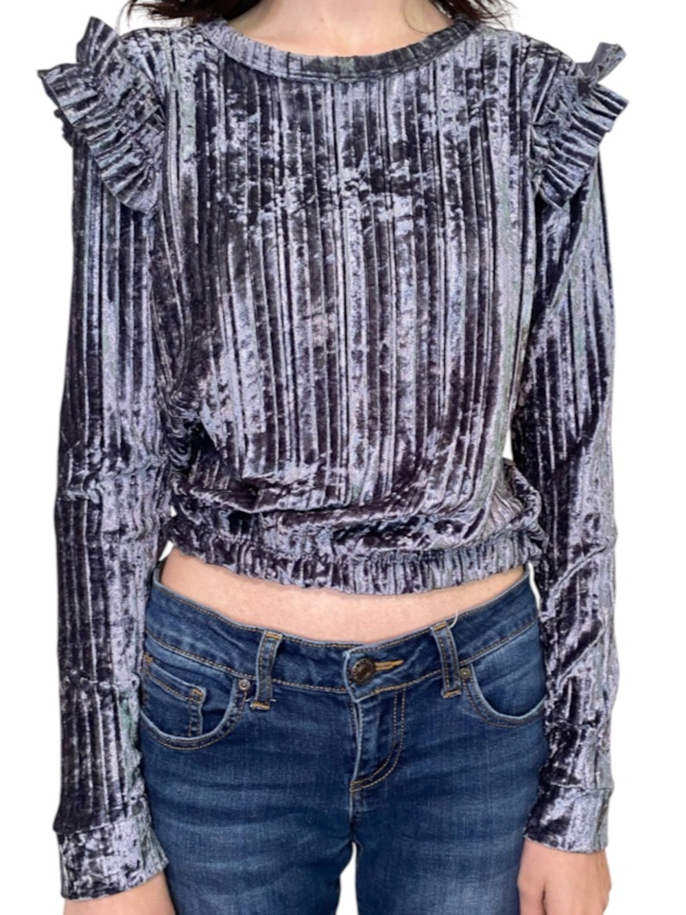 Cotton Emporium Crushed Velvet Pleated Long sleeve Top - Grayish Blue size XS